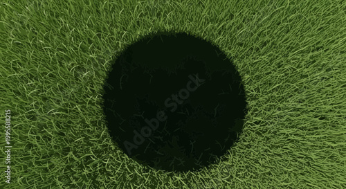 Dark hole in vibrant green grass seen from above creating an ominous nature scene; earth artwork and abstract pattern