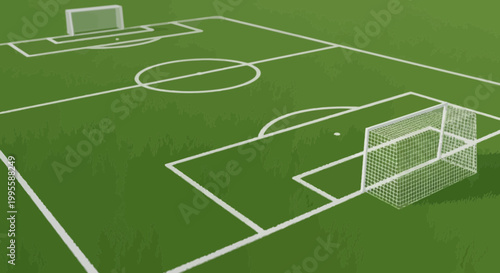 Digital rendering of a vibrant soccer field with detailed markings goals and lush green grass in a stylized cartoon style
