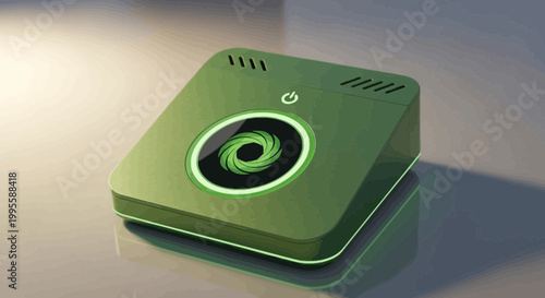 Green technology device with glowing spiral design on a textured surface capturing a futuristic and modern digital illustration