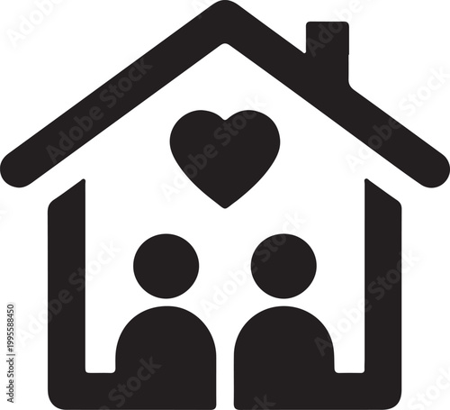 Two people inside a house with a heart above them, symbolizing love and a sense of belonging in a home environment.