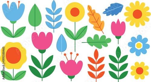 Collection of stylized flat flowers and leaves in bright colors on white background, leaf floral nature