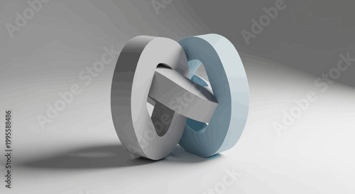 Interlocking tori in technical line art style interconnected 3D rendering on topographic surface with shaded relief effect