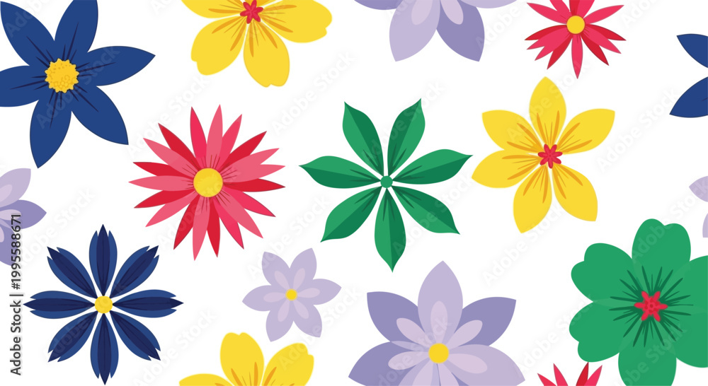 Obraz premium Seamless pattern of colorful flat flowers on white background, floral