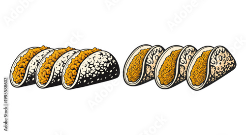 Fresh delicious tacos with meat filling in a hand drawn sketch style illustration