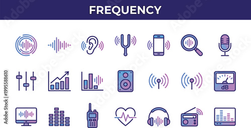 Frequency and sound wave icon set featuring audio signals wireless communication music equipment and signal strength vector illustration collection