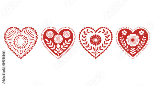 Five red heart icons with decorative lace patterns in a row Vector