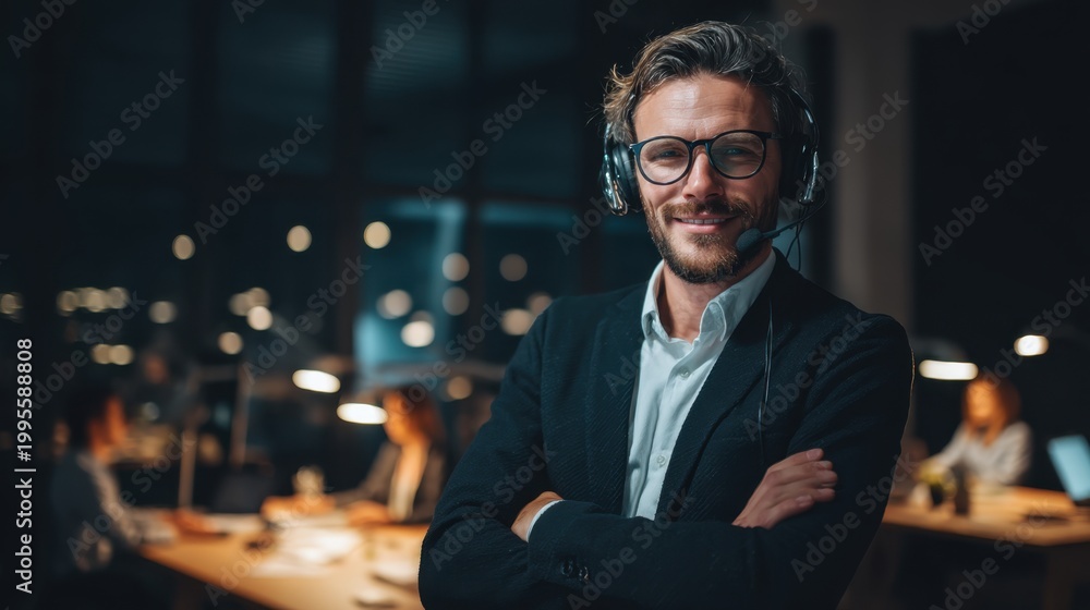 Fototapeta premium Male customer service representative wearing headset smiles confidently in modern office environment with colleagues working at desks in the background