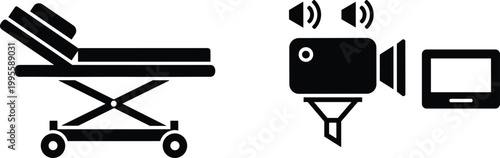 Emergency Medical Stretcher and Security Camera Icons with Tablet Device Silhouette Vector Illustration Set