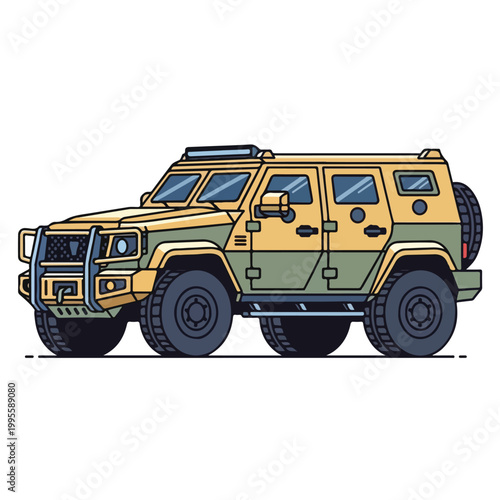 Military SUV vehicle with large tires and roof rack
