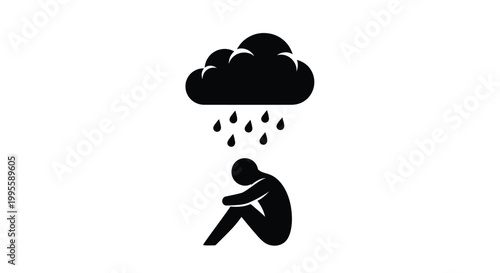 Photos A minimalist illustration depicts a person sitting in the rain under a dark omin