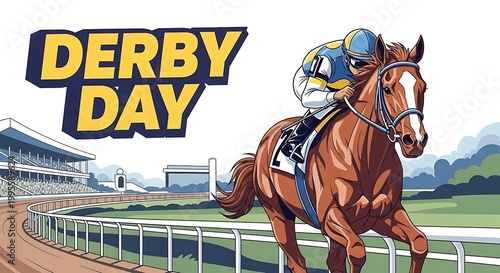 Vector illustration of racetrack and horse, bold text “Derby Day”