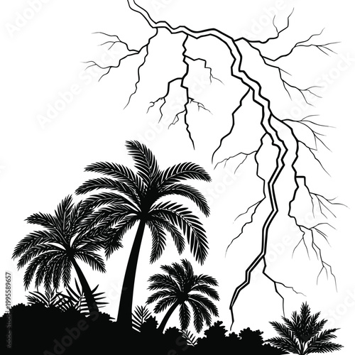 A striking black and white illustration depicts silhouetted palm trees with a dramatic lightning bolt illuminating the tropical scene high quality professional detailed modern elegant stylish