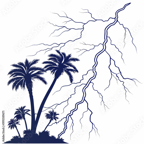 A striking blue illustration depicts several palm trees silhouetted against a dramatic lightning storm creating a tropical and energetic scene high quality professional detailed modern elegant