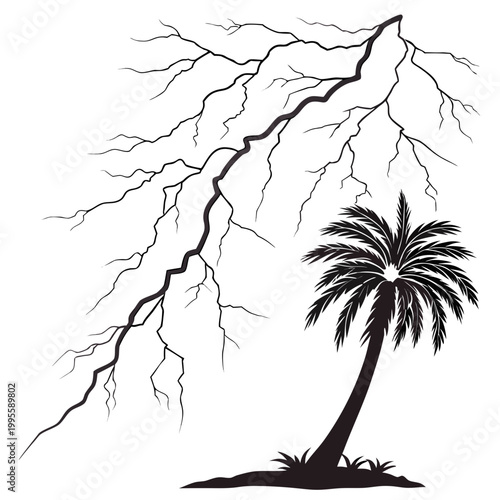 A striking black and white illustration depicts a jagged lightning bolt alongside a silhouetted palm tree creating a dramatic natural scene high quality professional detailed modern