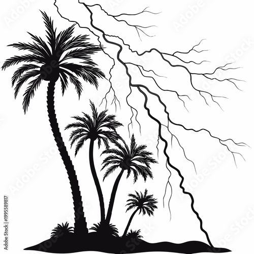 A striking black and white illustration depicts several palm trees on a small island as a dramatic bolt of lightning illuminates the scene high quality professional