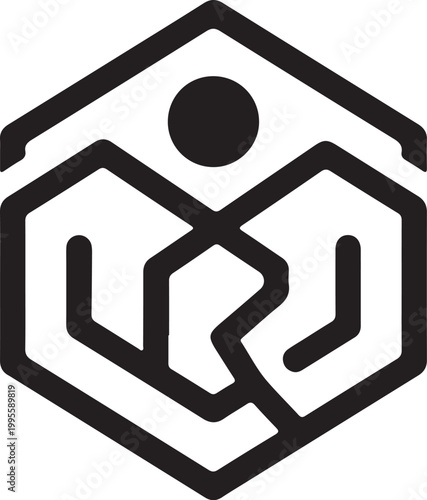 A minimalist black and white hexagonal pictogram featuring a stylized human figure with a circular head, symbolizing unity and belonging.