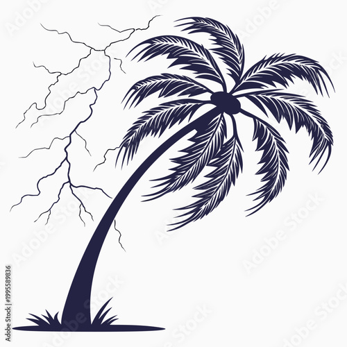 A stylized illustration depicts a dark blue palm tree bending in a storm with jagged lightning bolts striking nearby high quality professional detailed modern elegant stylish