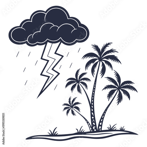 A stylized illustration depicts a stormy scene with dark clouds lightning and rainfall over a cluster of tropical palm trees high quality professional detailed modern elegant