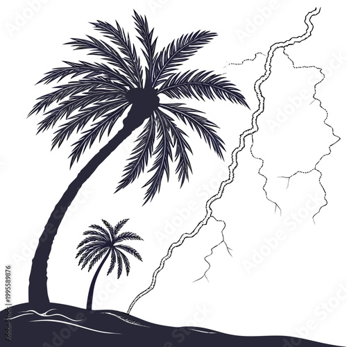 A dramatic illustration depicts a silhouetted palm tree and smaller plant struck by a jagged white lightning bolt during a storm high quality professional detailed modern