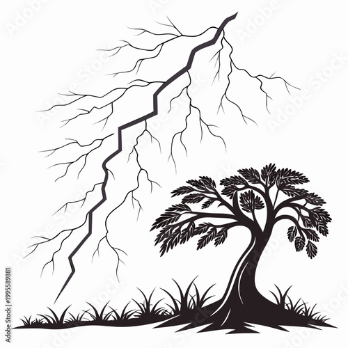 A dramatic illustration depicts a lightning strike hitting a solitary gnarled tree amidst tall grass rendered in a stark black and white style high quality professional