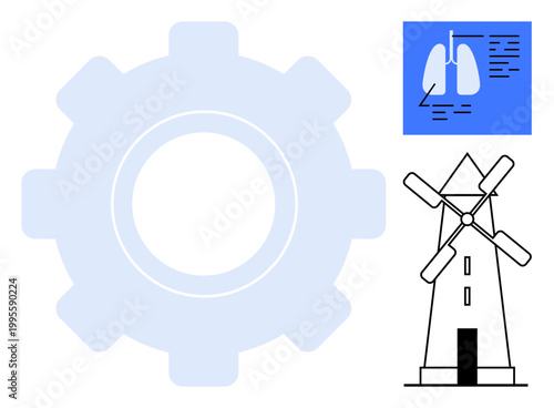 Renewable energy, human health, machinery, engineering, environment, sustainability. A gear, windmill and medical diagram of lungs. Renewable energy and human health concept