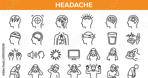 Headache and migraine icon set featuring pain symptoms stress tension health issues and medical condition outline vector collection