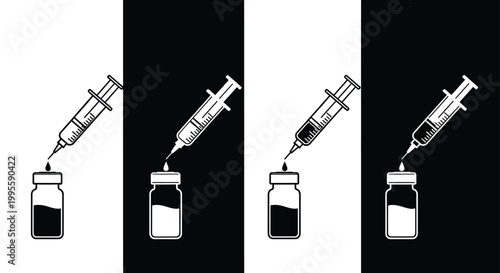 A series of four syringe and vial illustrations showcasing varying color schemes and contrast levels