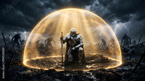 Epic fantasy illustration of a brave knight in silver armor protecting a fallen comrade with a glowing magical shield from dark demons