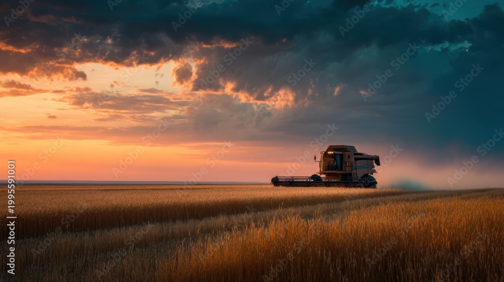 Fototapeta premium Agricultural combine harvester working in golden wheat field at sunset with dramatic clouds and vibrant sky in rural landscape