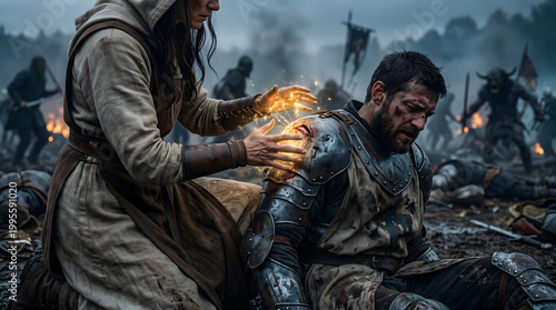 Fantasy healer using glowing magical energy to treat a wounded knight on a dark medieval battlefield amidst smoke and war chaos