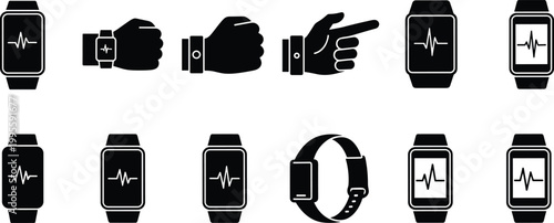 Collection of smartwatch silhouette vector icons featuring wearable technology, fitness tracking, heart rate monitoring, and diverse wrist positions for health, medical, and lifestyle design projects