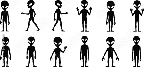 Collection of stylized alien silhouette vector icons featuring humanoid extraterrestrial figures with enlarged heads, large eyes, and diverse poses for creative design and illustration projects