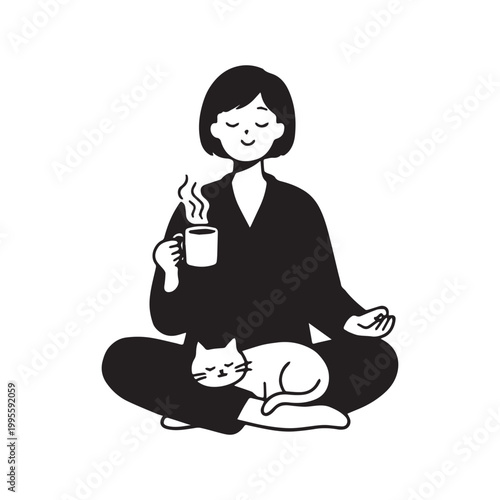  Calm Woman Meditating in Pajamas with a Sleeping Cat and Morning Coffee. 