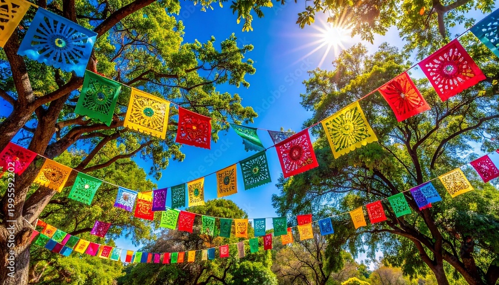 Fototapeta premium Vibrant festive colorful paper flags hanging between lush green trees under a bright blue sky with a shining sun during a sunny day celebration.