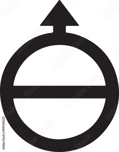 Black agender symbol featuring a circle with a horizontal strike-through and an arrow pointing upwards, isolated on a white background.