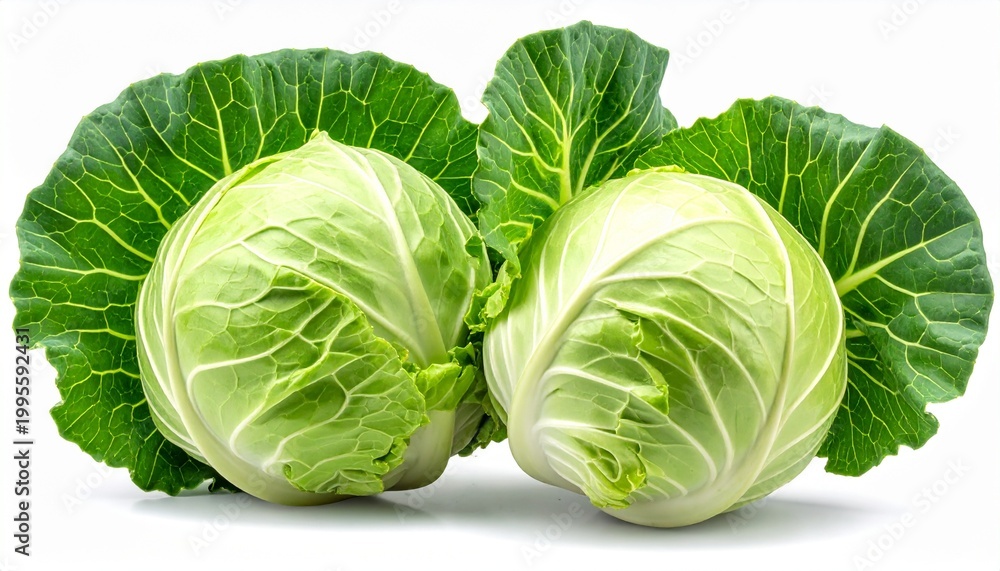 Fototapeta premium Fresh vibrant green cabbage heads with organic leaves isolated on white background perfect for healthy cooking and culinary vegetable concepts.