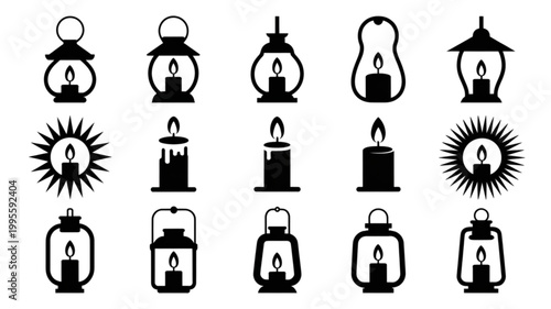 Set of diverse black and white lighthouse icons with sun and moon symbols Vector