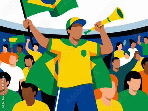 Brazil soccer supporters with flag and horn in a vibrant stadium crowd