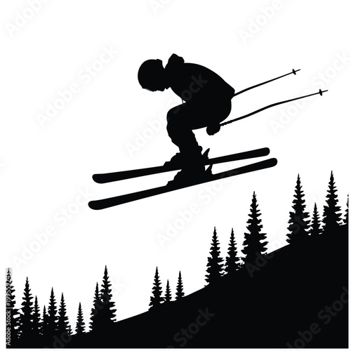Skier Silhouette Vector – Winter Sports Action Athlete SVG PNG EPS Clipart