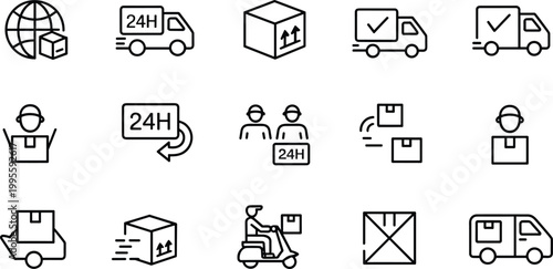 delivery, logistics, shipping, courier service, package handling, delivery truck, fast transport, global distribution, worker icon, hand truck, moving box, scooter delivery, crate icon, van symbol,