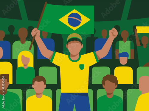Brazilian football fan cheering with national flag in stadium crowd