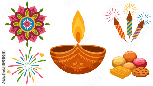 Colorful diwali celebration elements with traditional clay lamp and decorative patterns Vector