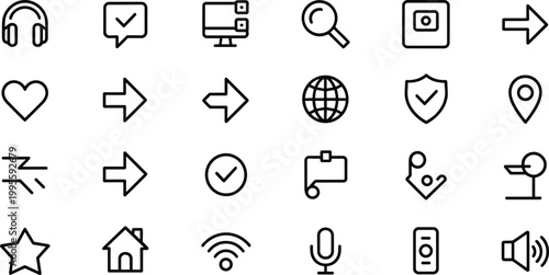 WebCollection of digital interface line icons featuring headphones, chat bubble, computer monitor, magnifying glass, shield, location pin, Wi‑Fi, and communication concepts