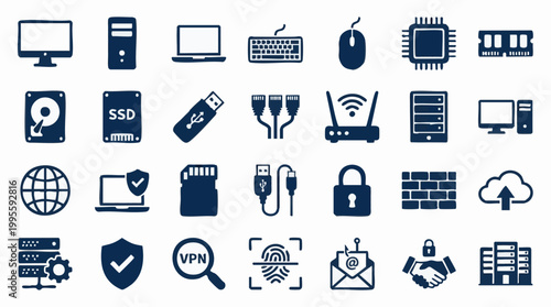 Digital Technology, Computer Hardware, Network, Data Storage, and Security Icons Set