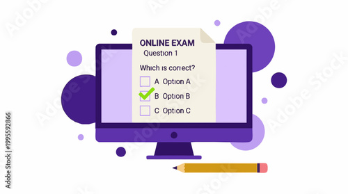 Online Exam on Computer Screen with Checked Option and Pencil