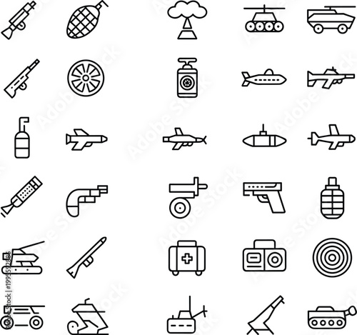 WebCollection of military equipment and vehicle silhouette icons featuring tanks, submarines, airplanes, armored cars, weapons, grenades, and medical kits