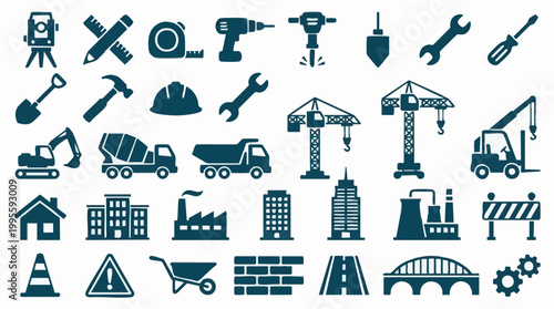 Construction Industry Icons: Tools, Vehicles, Buildings, and Signs Vector Set