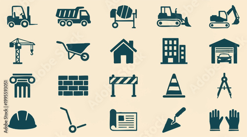 Vector icons for construction, building, and engineering industry