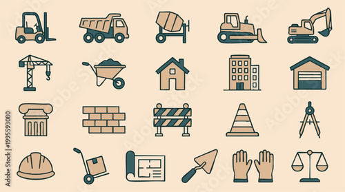 Construction and Building Industry Flat Design Vector Icons Set