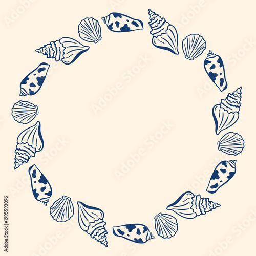 Round frame of hand-drawn shells and mollusks in Mediterranean style. Circular blank template for nautical-themed design. Vector graphic